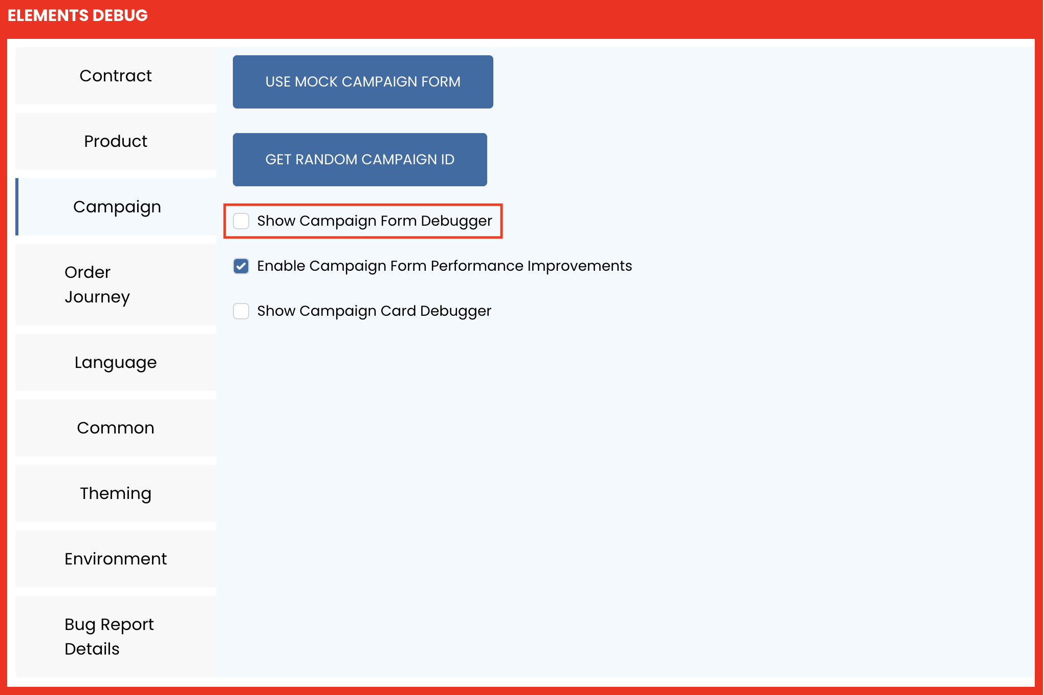 Debug Panel Campaign Tab Campaign Form Debugger Checkbox